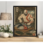 Cuadro Kratos Chef Sushi Cocina Japón Fuji Game God Of War Marco Negro