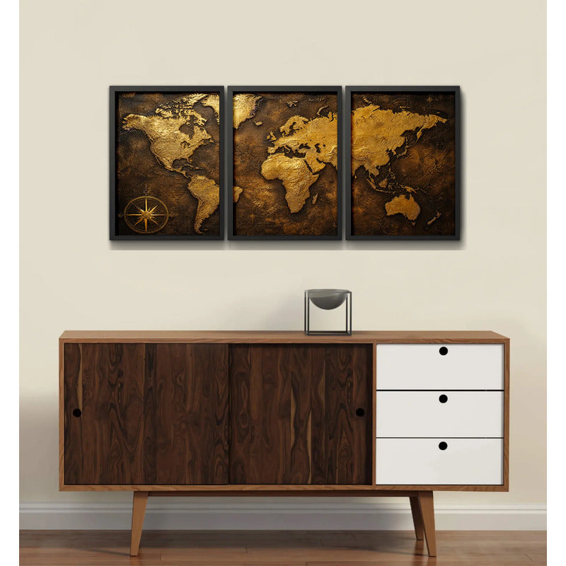 Set 3 Cuadros Mapamundi Mapa Mundo Brs2 Decoracion Oficina Marco Negro