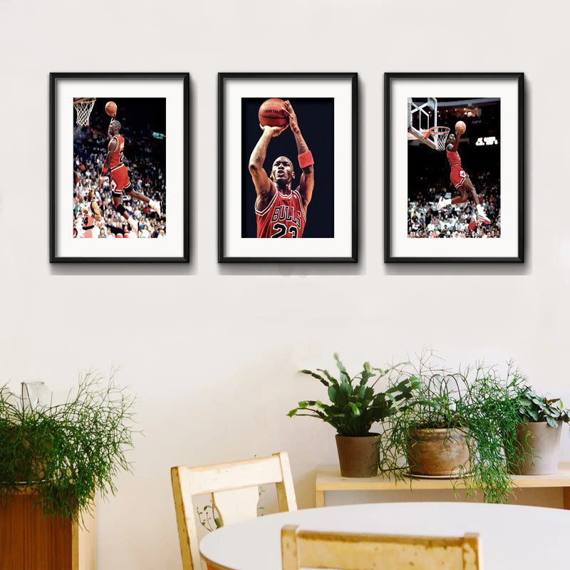 Set 3 Cuadros Michael Jordan Basket Nba Nike Con Paspartu Marco Negro