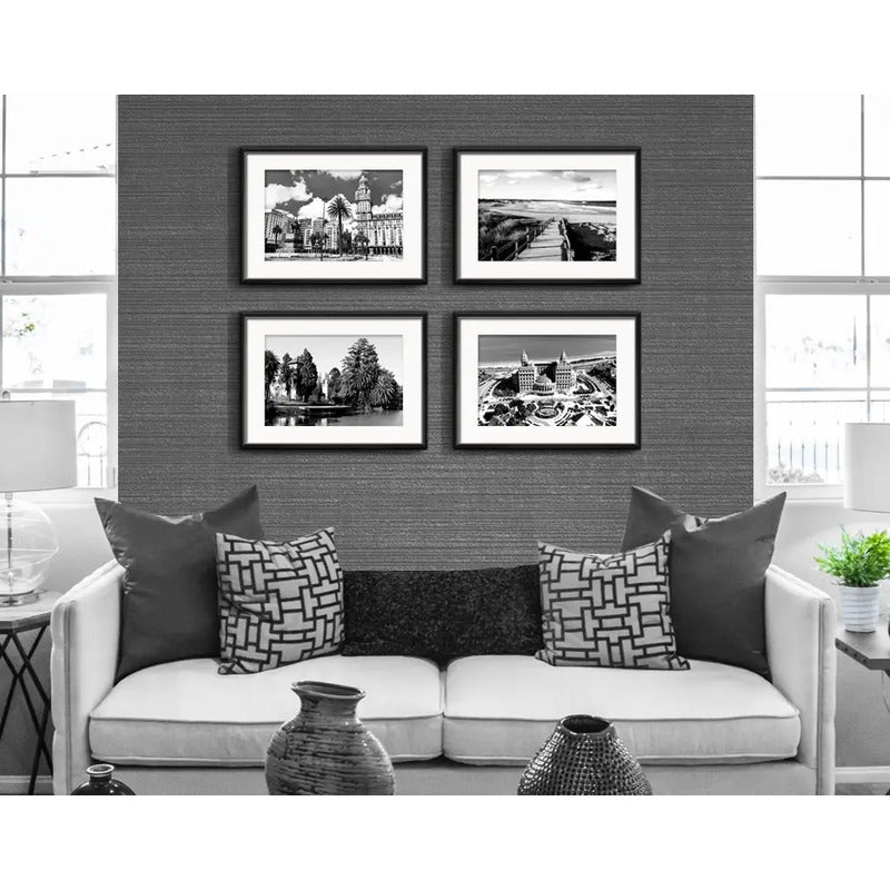 Set 4 Cuadros Montevideo Blanco Y Negro Ciudad Con Paspartu