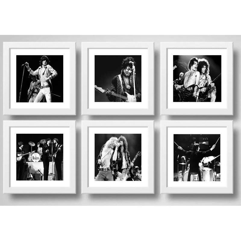Set 6 Cuadros Rock Bandas Musica Blanco Y Negro Decoración