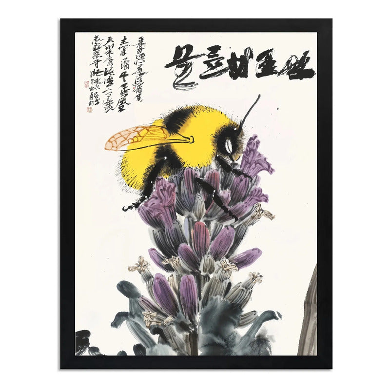 Cuadro Abeja Flores Botanico Arte Japones Decoracion Marco Negro