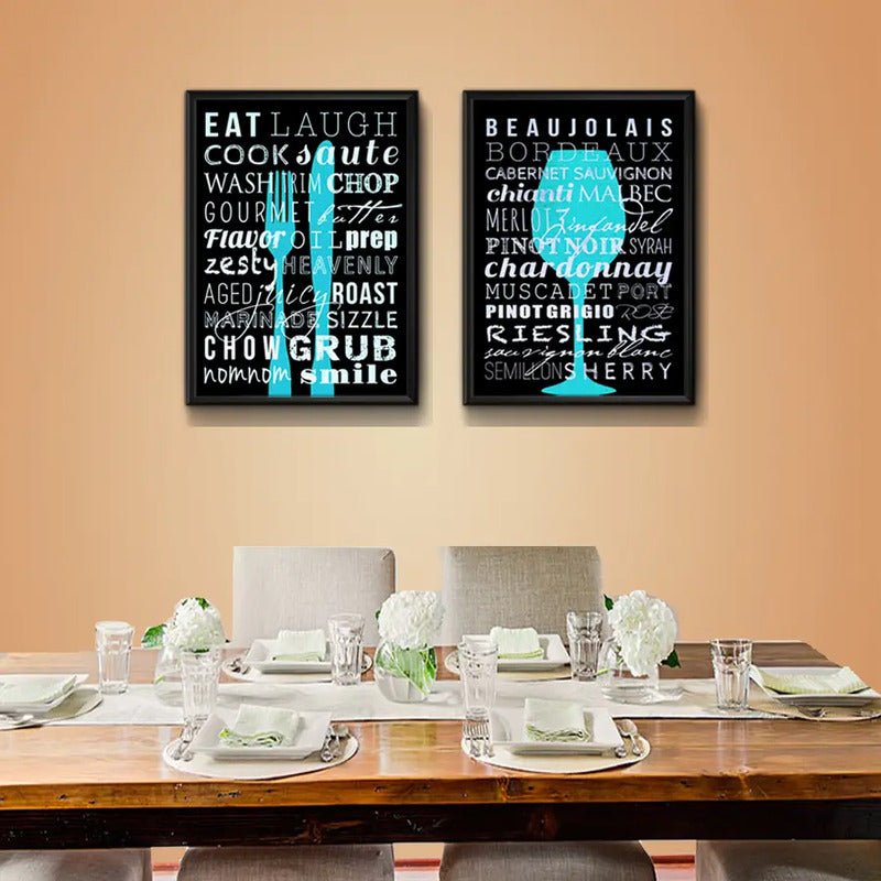 Set 2 Cuadros Cocina Gourmet Azul Vinos Kitchen Decoración
