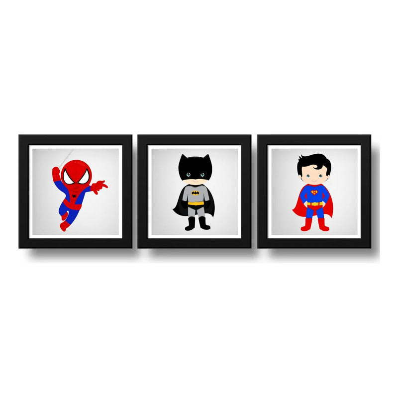 Set 3 Cuadros Superheroes Decoracion Dormitorio Infantil Br1 Spiderman Batman Superman Con Marco Negro