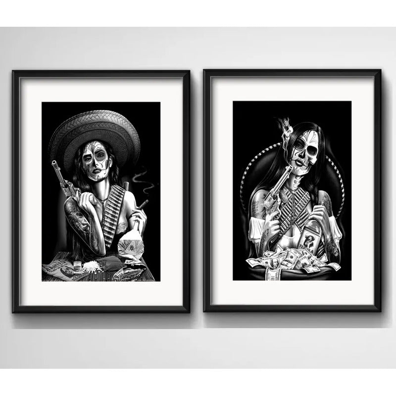 Set 2 Cuadros Catrina Calavera Mexicana Tattoo Con Paspartú