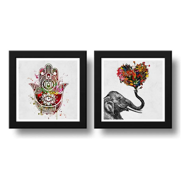 Set 2 Cuadros Hamsa Efefante Flores Amor Pop Art Decoracion