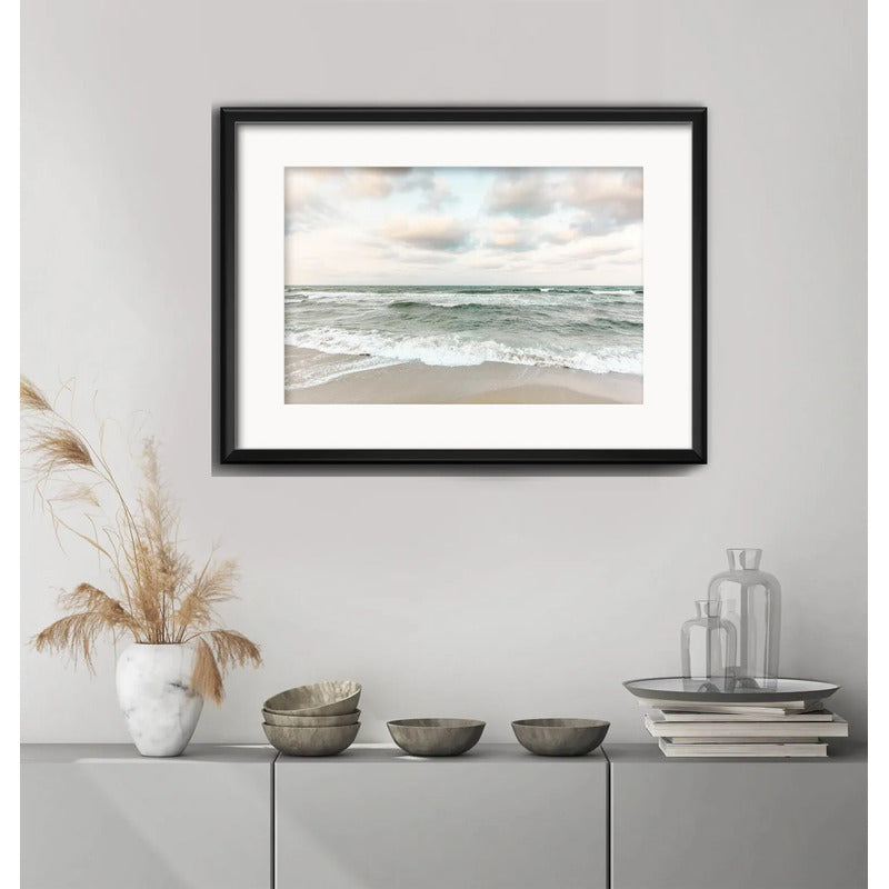 Cuadro Paisajes De Playa Mar Tono Verde 53x43cm Con Paspartú Marco Negro