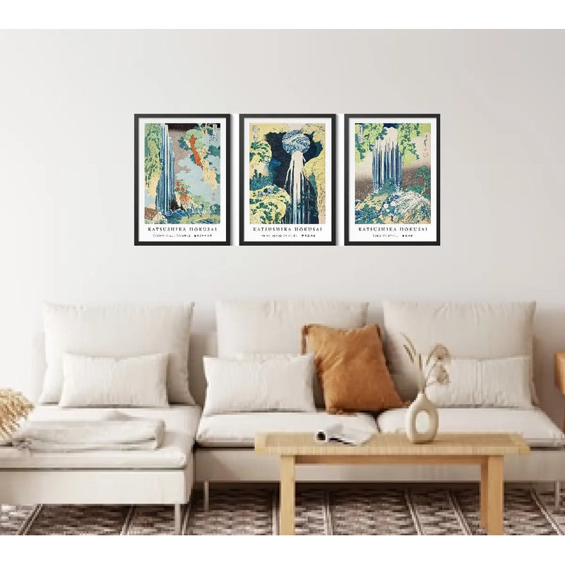 Set 3 Cuadros Living Cascada Katsushika Hokusai Arte Japones Marco Negro
