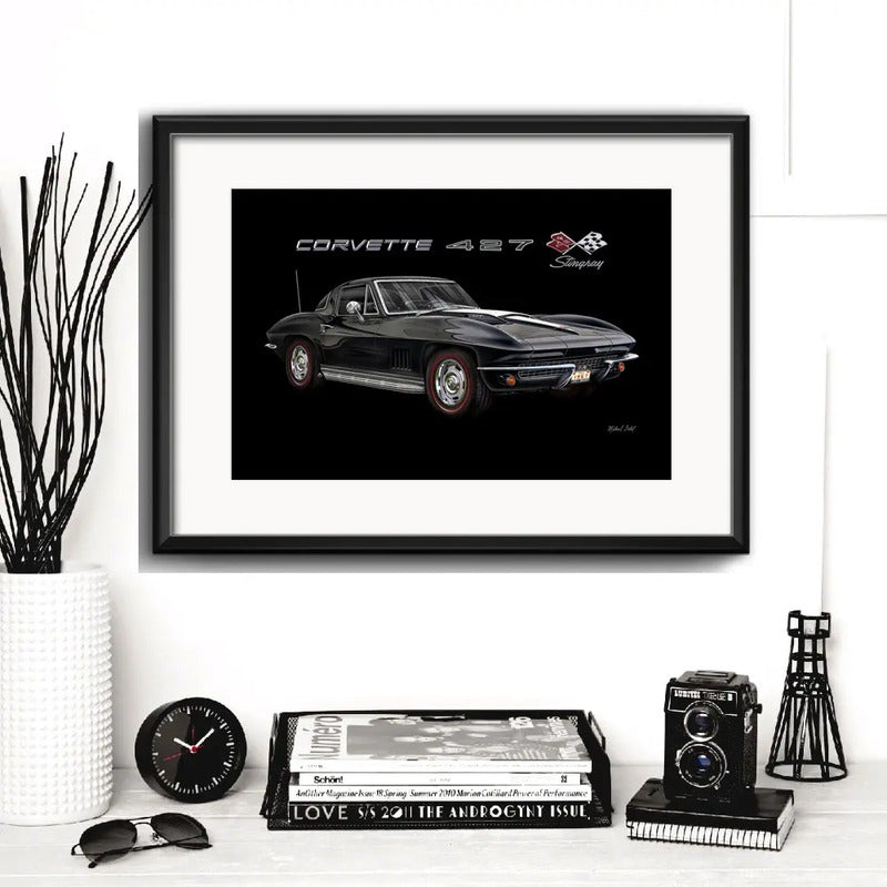 Cuadro Autos Antiguos Modelos Marcas Retro Arte Con Paspartu Chevrolet Corvette 427 Stingray Con Marco Negro