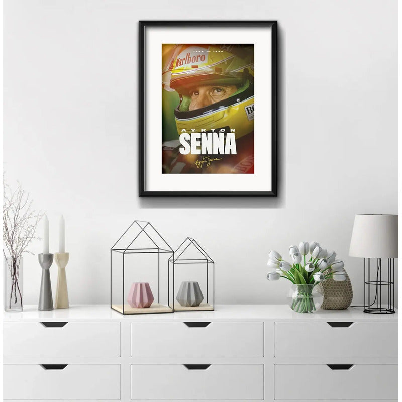 Cuadro Ayrton Senna Formula 1 Casco 53x43cm Con Paspartú Marco Negro