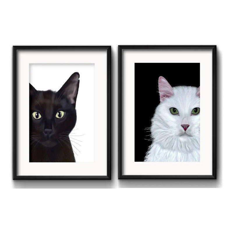 Set 2 Cuadros Gato Negro Y Blanco Minimalista Con Paspartu Marco Negro