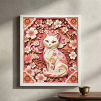 Cuadro Gato Blanco Efecto 3d Arte Japones Rosa Flores Cerezo Marco Blanco