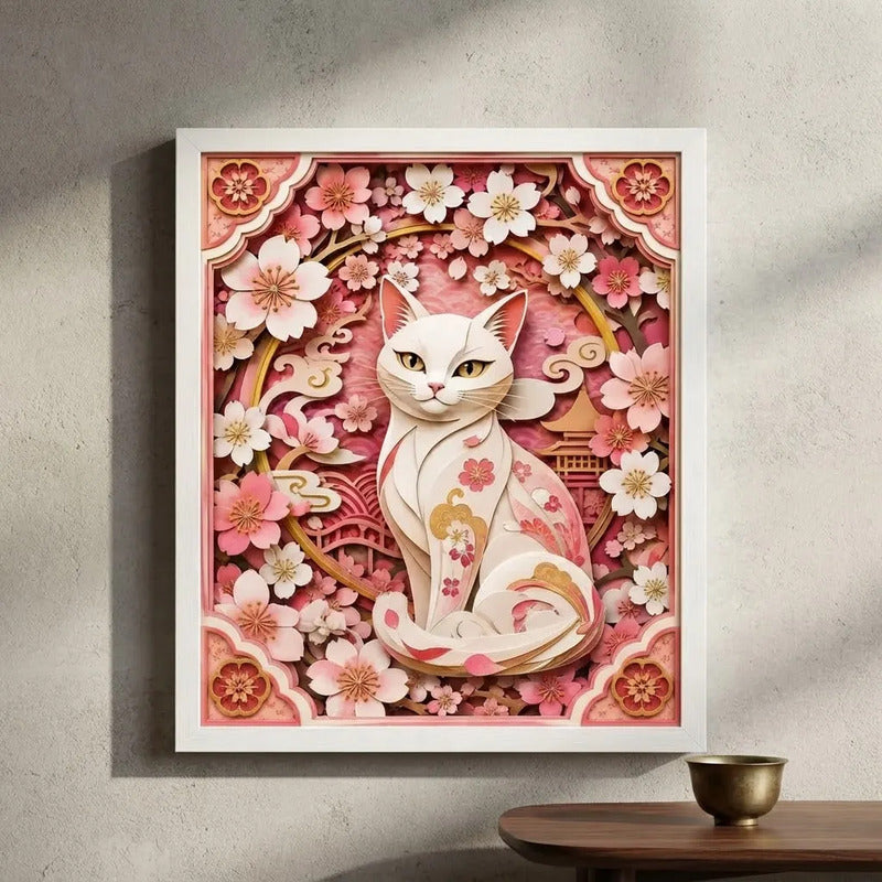 Cuadro Gato Blanco Efecto 3d Arte Japones Rosa Flores Cerezo Marco Blanco