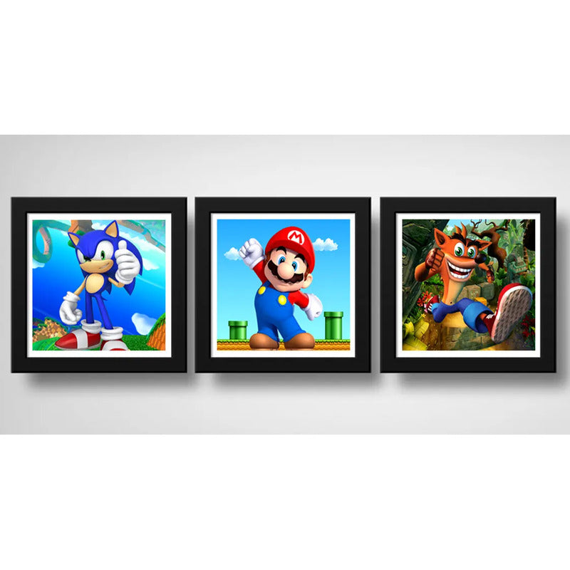 Set 3 Cuadros Sonic Mario Bros Crash Bandicoot Game 33x33cm Marco Negro