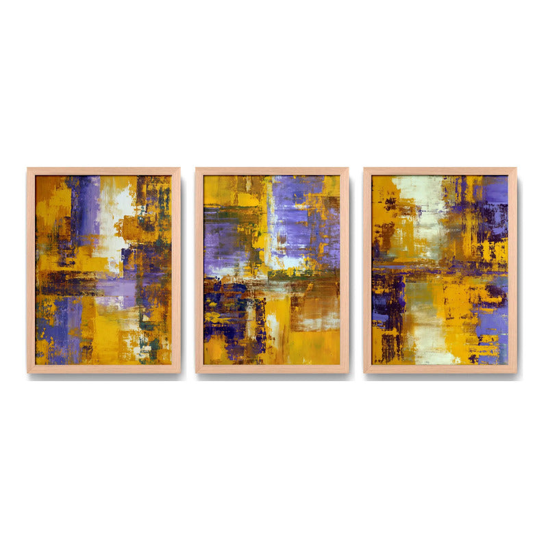 Set 3 Cuadros Dormitorio Living Abstracto Amarillo Púrpura Marco Marrón Claro