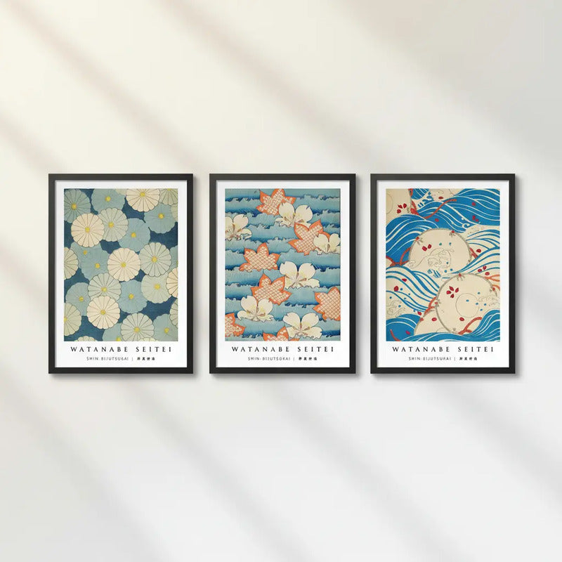 Set 3 Cuadros Dormitorio Living Watanabe Seitei I Arte Japón Marco Negro