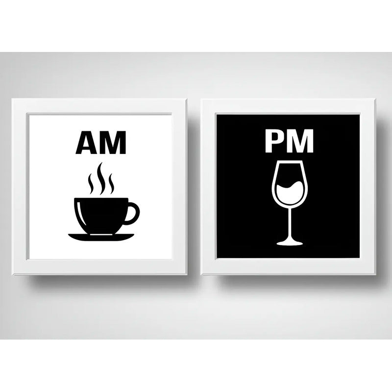 Set 2 Cuadros Am Pm Cafe Vino Cocina Living Decoracion Marco Blanco