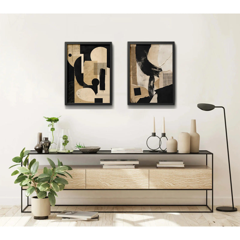 Set 2 Cuadros Boho Arte Abstracto Texturas Living 53x43cm Marco Negro