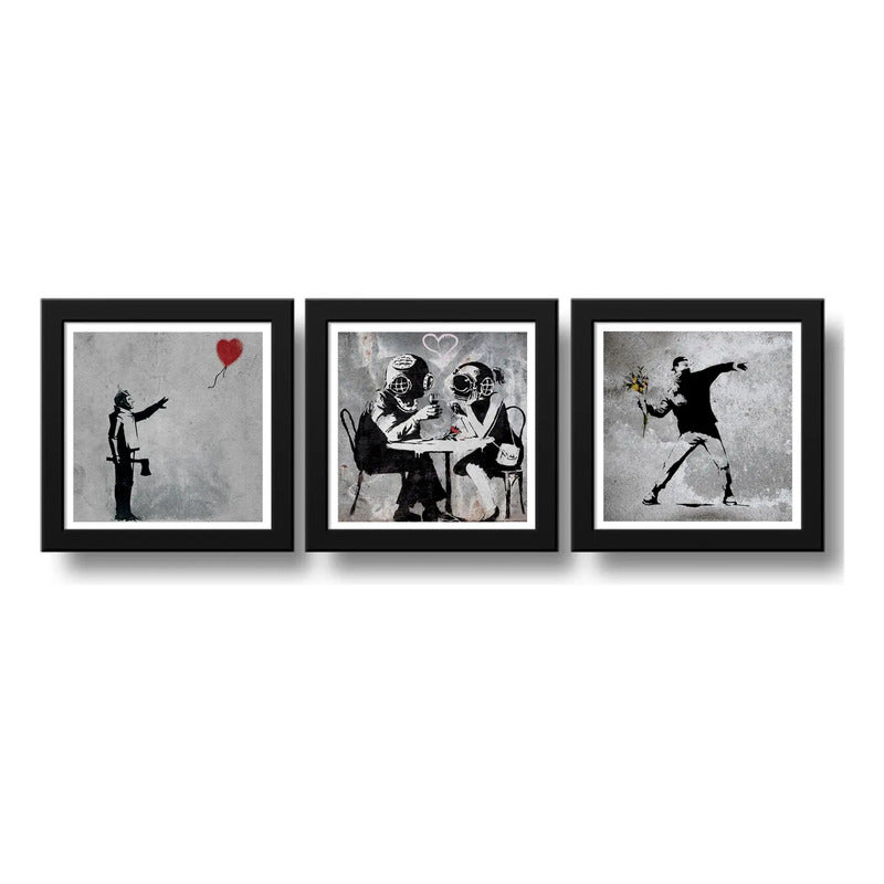 Set 3 Cuadro Banksy Arte Urbano Callejera Flores Revolucion