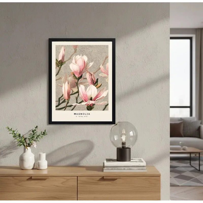 Cuadro Dormitorio Living Magnolia Rosa Flores Botanico Arte Marco Negro
