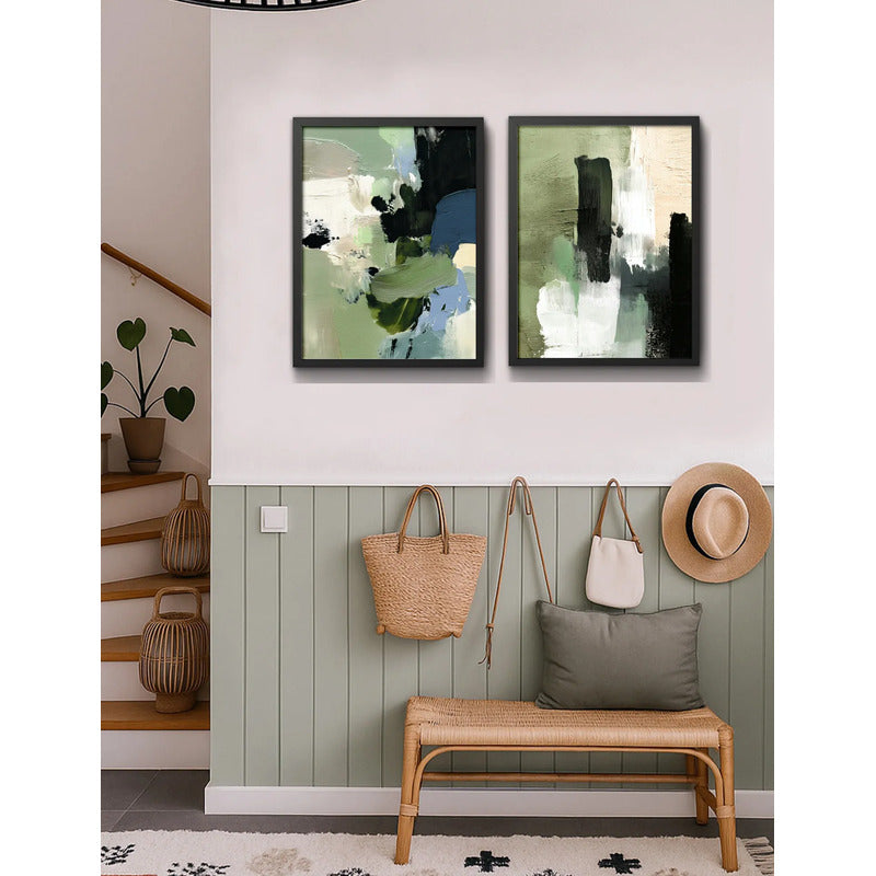 Set 2 Cuadros Dormitorio Living Abstracto Mossy Calm Verde Marco Negro