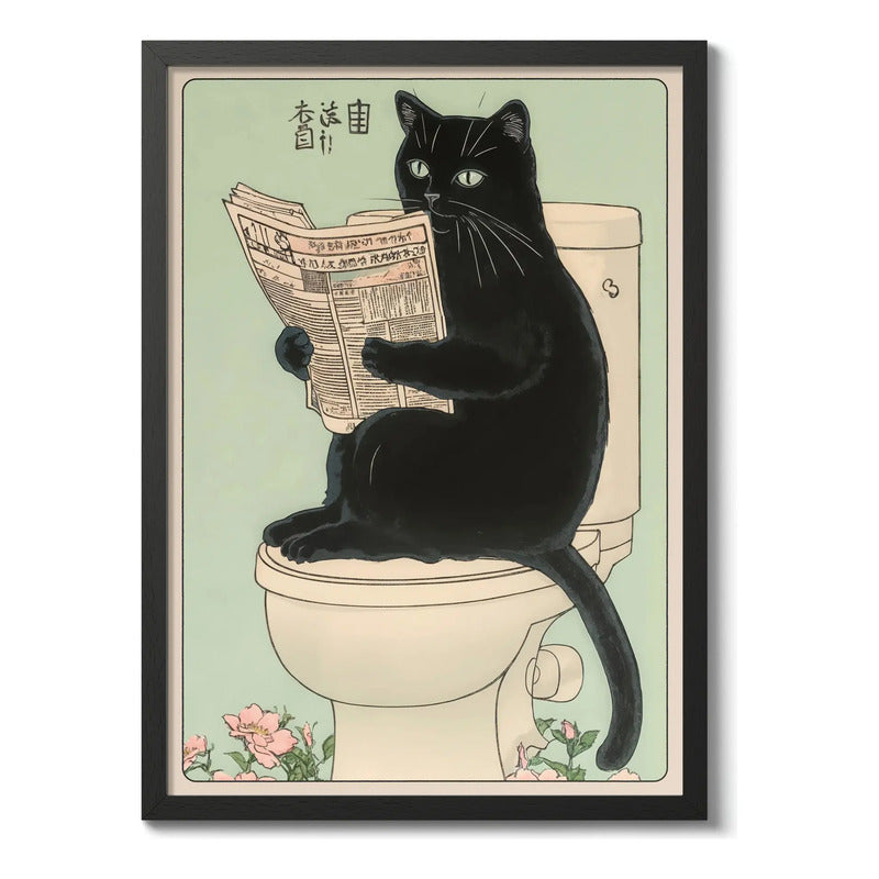 Cuadro Gato Negro Bano Arte Japonés Anime Flores Decoracion Marco Negro