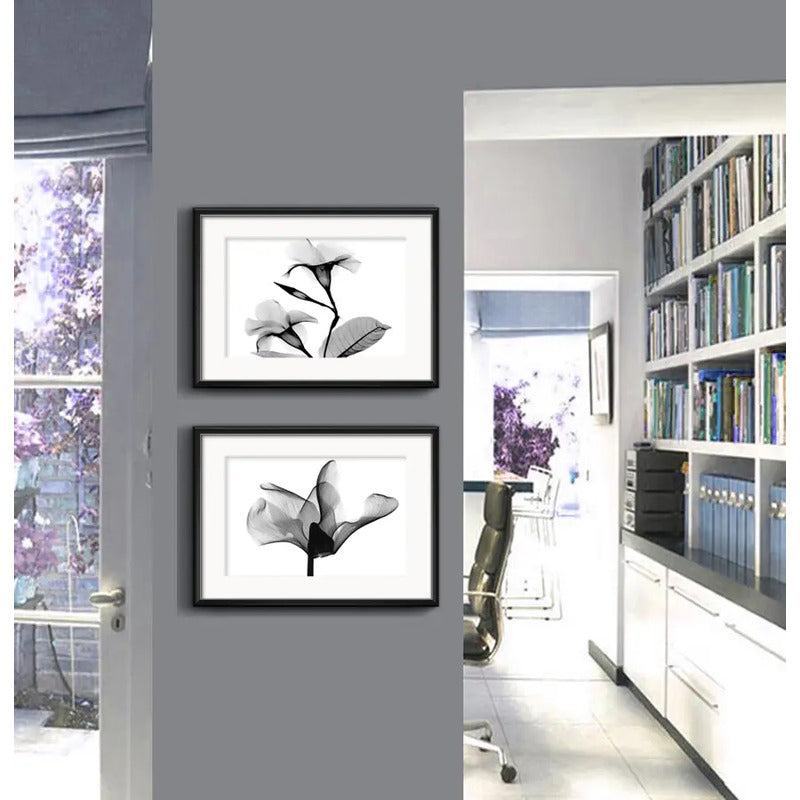 Set 2 Cuadros Flor Minimalista Blanco Y Negro Con Paspartu