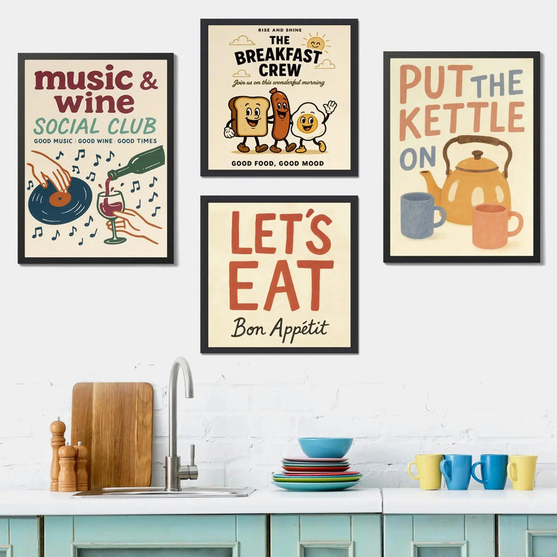 Wall 4 Cuadros Para Cocina Comedor Living Decoracion Moderna Frases Retro Vino Mate Te Desayuno Bon Appetit Con Marco Negro