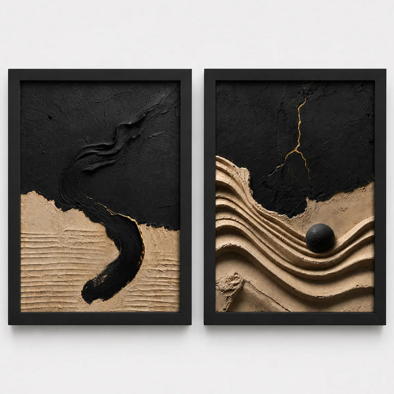 Set 2 Cuadros Living Dormitorio Abstracto 3d Beige Negro Br2 Marco Negro