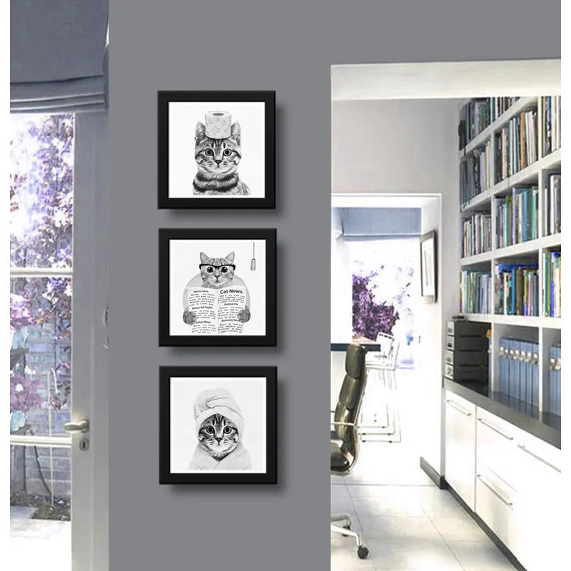 Set 3 Cuadros Gato Baño Blanco Y Negro Mascota Pet Decora