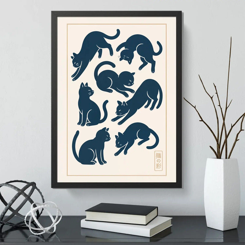 Cuadro Gato Arte Japonés Gatos Jugando Neko Cat Decoracion Marco Negro