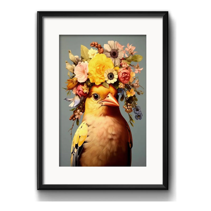 Cuadro Pajaro Corona Flores Cabeza Cardelino Con Paspartú Marco Negro