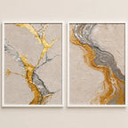 Set 2 Cuadros Living Dormitorio Abstracto 3d Oro Y Plata Marco Negro