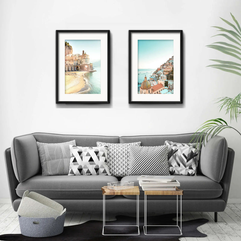 Set 2 Cuadros Costa Amalfitana Italia Playa Mar Con Paspartu 53x43cm Cada Cuadro Negro