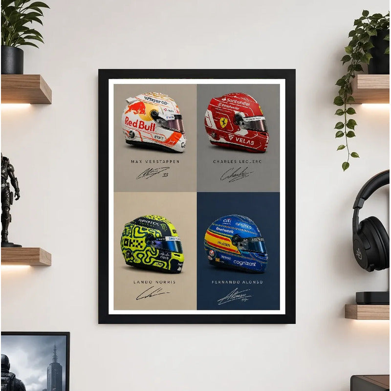 Cuadro Casco Formula 1 Auto Verstappen Leclerc Norris Alonso Marco Negro