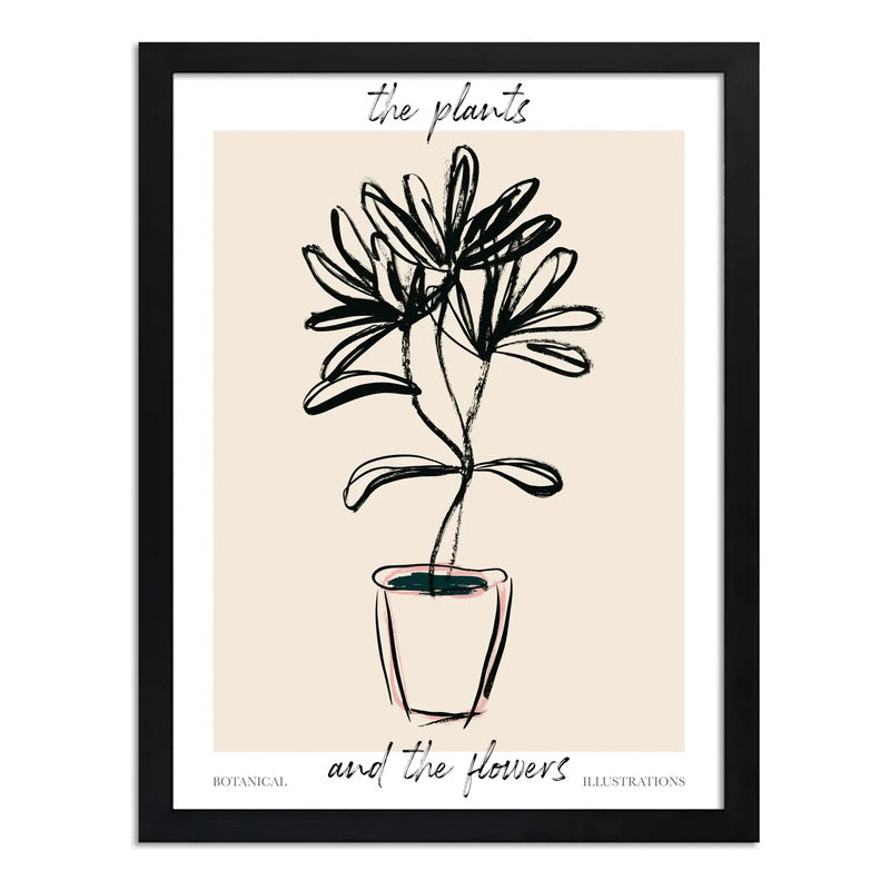 Cuadro Dormitorio Living Planta Dibujo Lineal Tonos Beige Marco Negro
