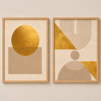 Set 2 Cuadros Dormitorio Living Boho Geometrico Beige Dorado Marco Marrón Claro