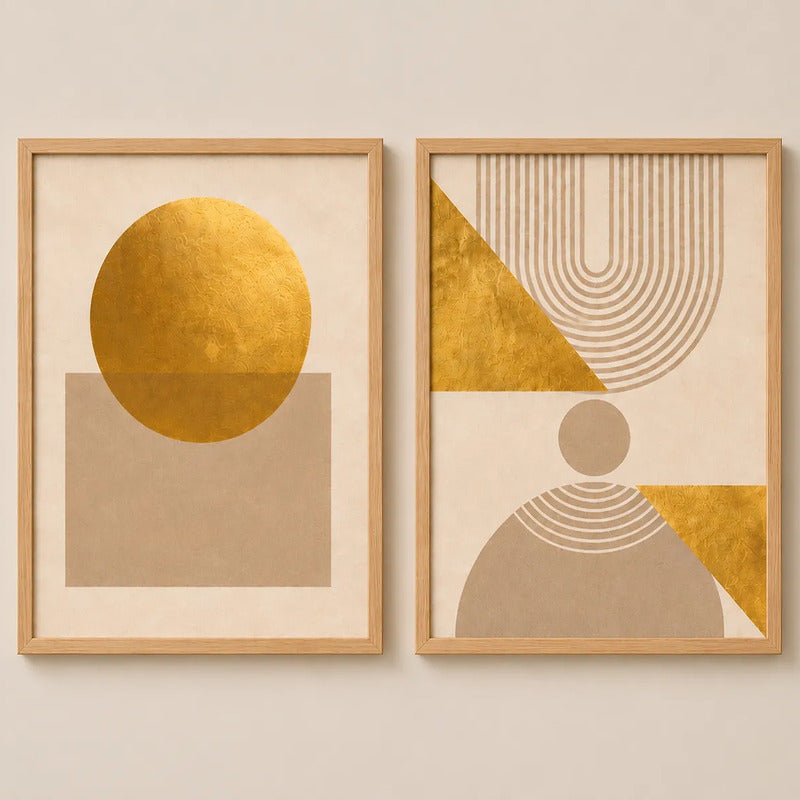 Set 2 Cuadros Dormitorio Living Boho Geometrico Beige Dorado Marco Marrón Claro