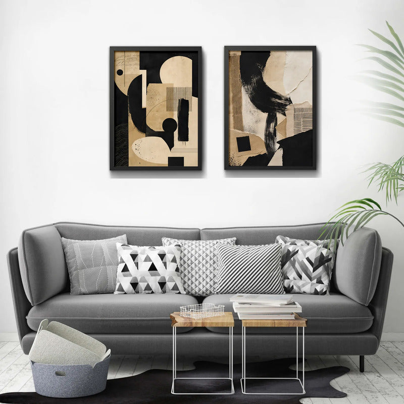 Set 2 Cuadros Boho Arte Abstracto Texturas Living 53x43cm Marco Negro