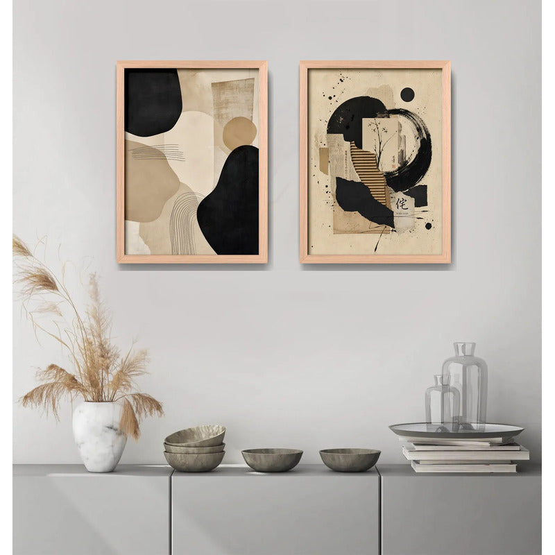 Set 2 Cuadros Boho Arte Abstracto Beige Crema Decorar Casa Marco Madera Natural Oak
