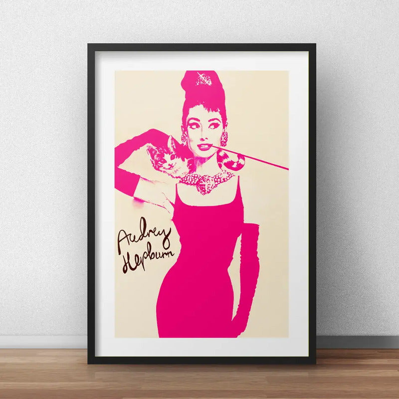 Cuadro Audrey Hepburn Pop Art Gato Fashion Brs2 Con Paspartu Marco Negro