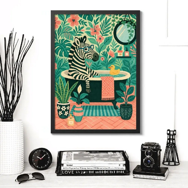 Cuadro Zebra Bano Banera Boho Plantas Arte Decoracion Marco Negro