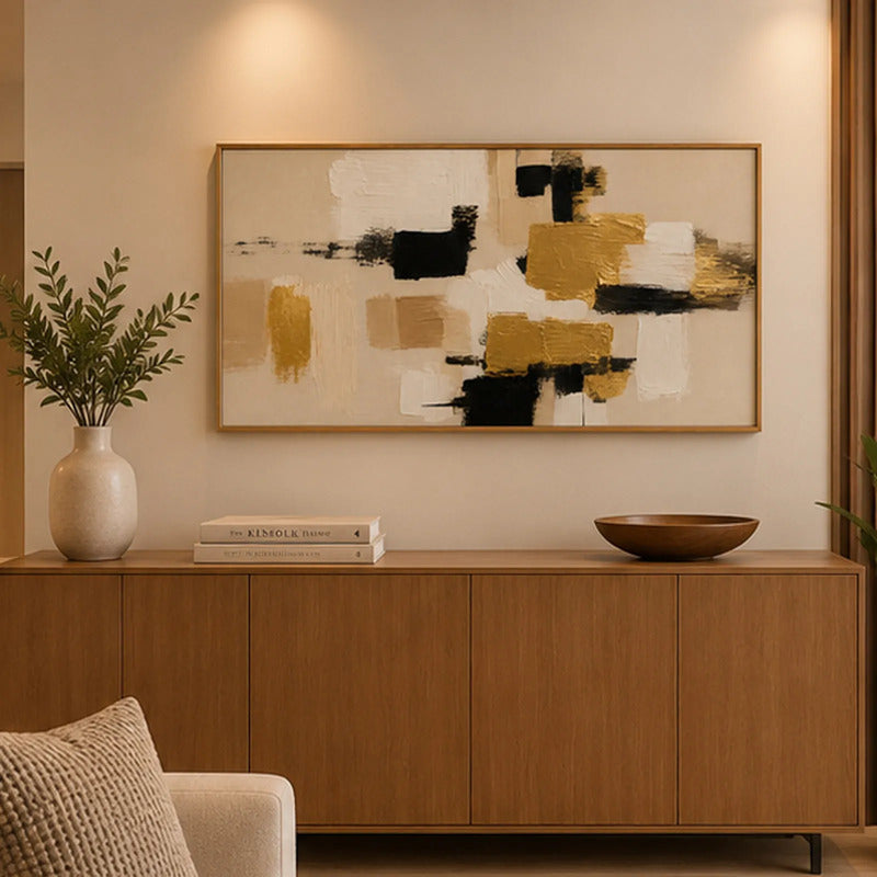 Cuadro Dormitorio Living Boho Abstracto Beige Dorado Grande Marco Marrón Claro