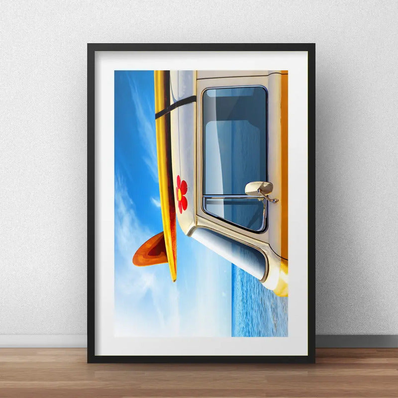 Cuadro Kombi Vintage Surf Tabla Retro Playa Mar Con Paspartu Marco Negro