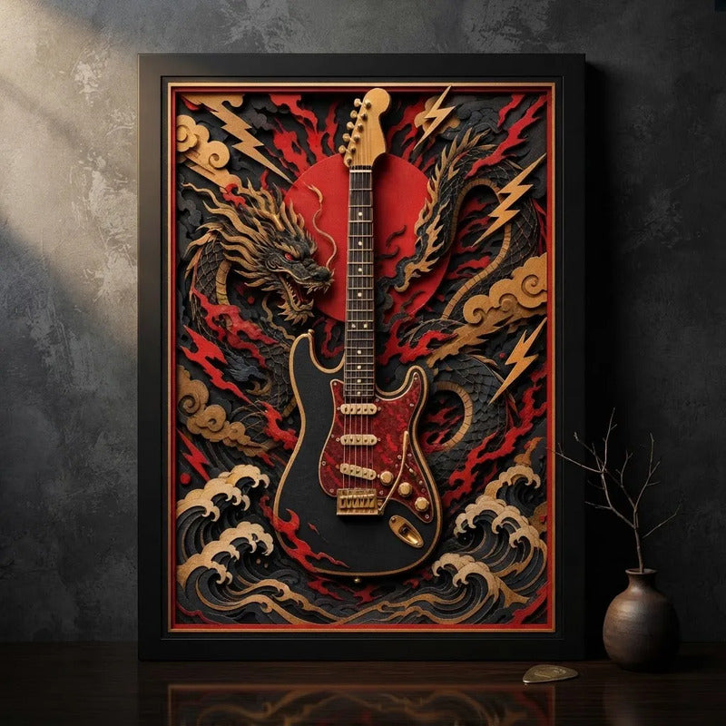 Cuadro Guitarra Fender Strato Rock Arte Japones Efecto 3d Marco Negro