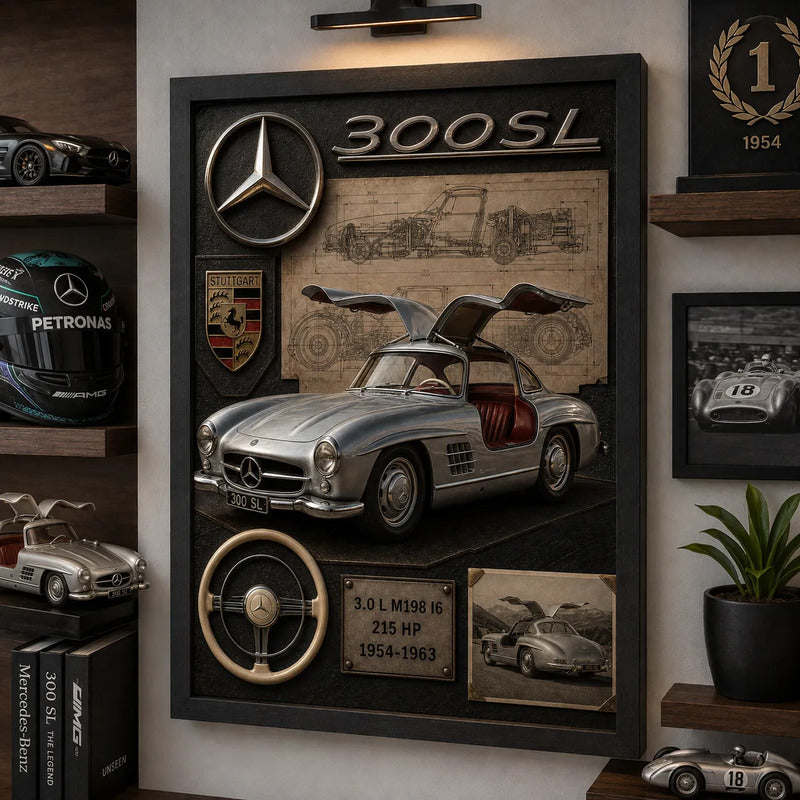 Cuadro Mercedes-benz Auto Icónico Detalles Specs Efecto 3d Marco Negro