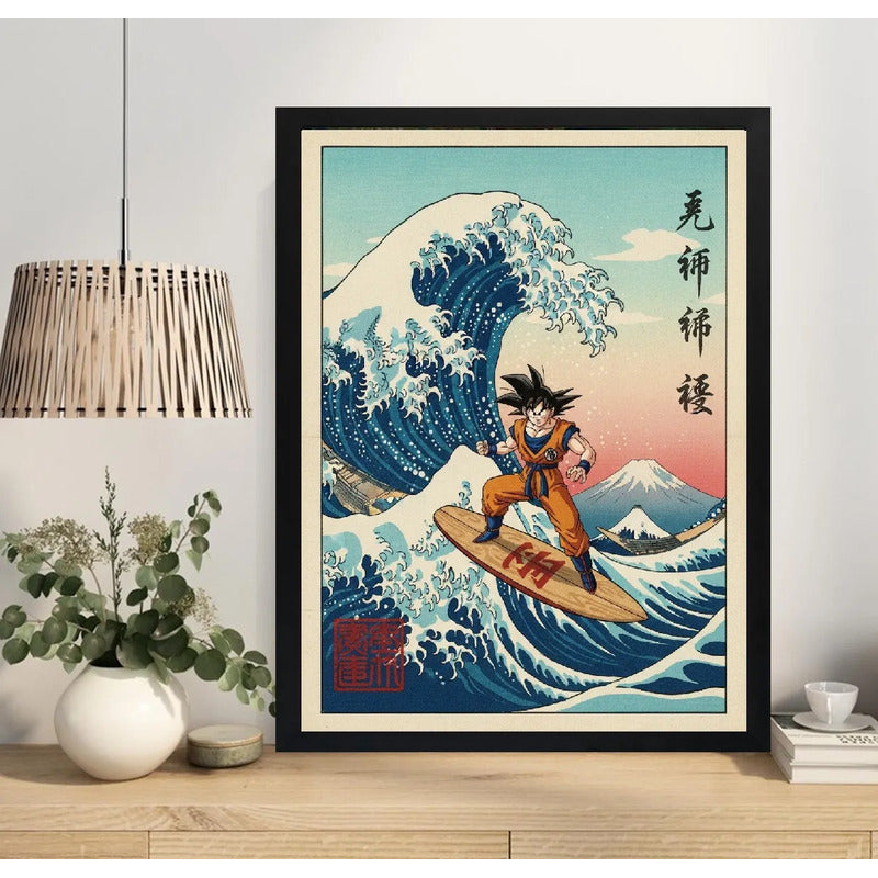 Cuadro Goku Surfe Ola Kanagawa Japón Playa Anime Dragon Ball Marco Negro
