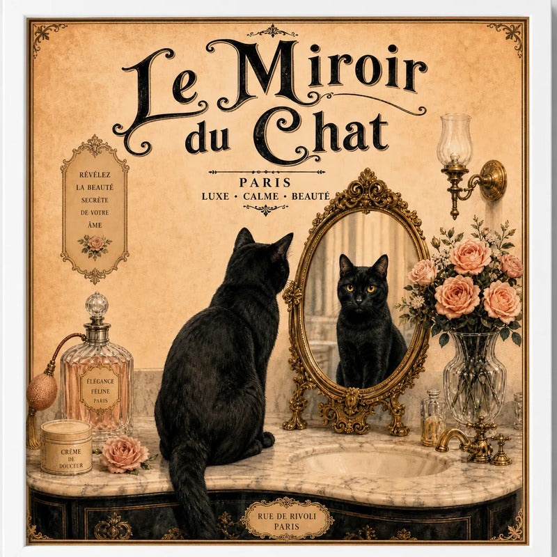 Cuadro Para Decoracion Bano Gato Negro Paris Espejo 33x33cm Marco Blanco