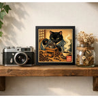 Cuadro Gato Negro Moliendo Café Cocina Arte Japon Coleccion Marco Negro