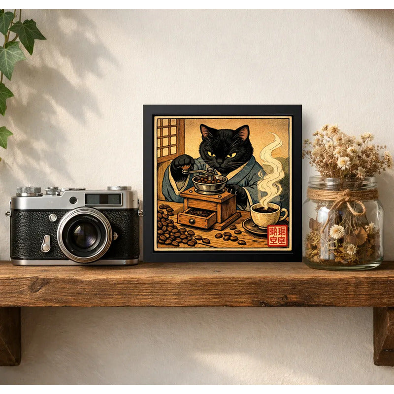 Cuadro Gato Negro Moliendo Café Cocina Arte Japon Coleccion Marco Negro